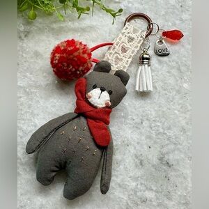New Gray Embroidered Teddy Bear Purse Bag Charm w/ Pom Pom, Red Scarf, Charms
